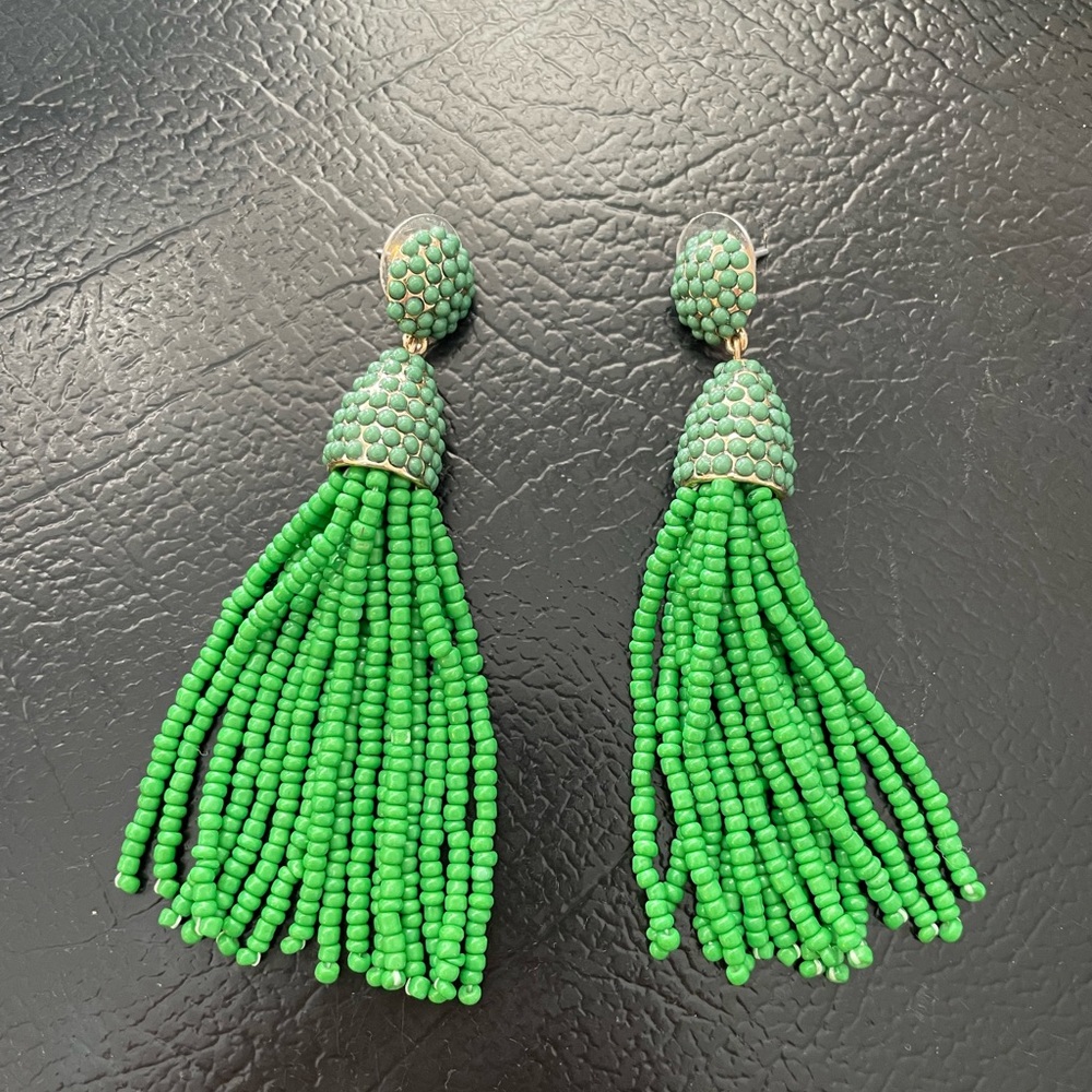 BAUBLE BAR EARRINGS • large, emerald green, beaded tassels